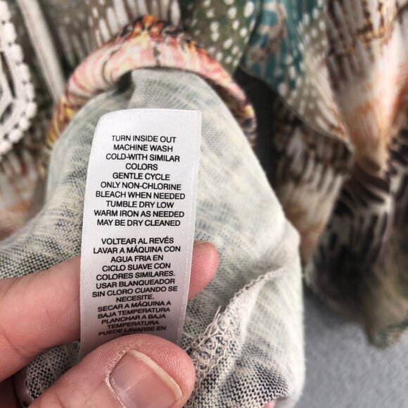 Chicos Top Women 2 US Large Sienna Green Multi Split Neck Balloon Sleeve Peasant - Picture 7 of 10